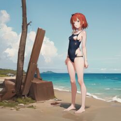 ai_generated beach breasts breasts brown_eyes confused confusion legs red_hair sideboob stranded swimsuit swimwear thighs tight_clothing tight_fit torn_clothes torn_clothing torn_shirt