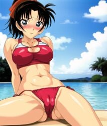 1girls ai_generated arms_behind_back beach bikini blue_eyes blush breasts brown_hair cameltoe curvy detective_conan female female_focus female_only green_eyes hair_ribbon human kazuha_toyama kxy large_breasts leaning_back looking_at_viewer ocean pale-skinned_female pale_skin ponytail red_bikini red_ribbon short_hair sky spread_legs stable_diffusion sunny thick_thighs wide_hips