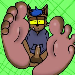 anthro barefoot beagle_takatomi blue_clothing blue_hair blue_hoodie blue_topwear bodily_fluids brown_body brown_fur canid canid_demon canine clothing demon eyewear feet foot_fetish foot_focus fur genital_fluids genitals glasses green_background hair hellhound hi_res hoodie horn humanoid looking_at_viewer male mammal pantsless penis pink_body pink_skin pink_soles precum schyllu_(artist) shoeless simple_background smile solo topwear yellow_eyes