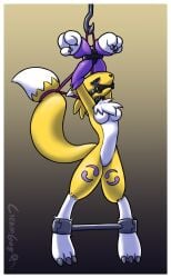 anthro armpits arms_above_head bandai_namco bit_gag black_sclera bondage bound breasts chest_tuft collar creamgag digimon digimon_(species) featureless_breasts female gag hook looking_at_viewer renamon restraints rope rope_bondage solo spread_legs spreader_bar spreading tail tail_tied tuft