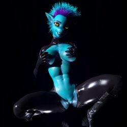 3d_(artwork) absurd_res alien black_background bludergat99 breasts clothing covering covering_breasts crouching digital_media_(artwork) exposed_belly female genitals glowing glowing_eyes hair hi_res humanoid leather leather_clothing looking_at_viewer marie_(bludergat99) multicolored_hair pussy simple_background smile solo yellow_eyes