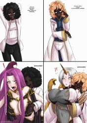 ! 2futas 2girls ?! angry big_breasts black_hair blonde_hair blush breast_grab breasts cleavage closed_eyes clothed clothing colored_inner_hair crossover dark-skinned_futanari dark_skin dialogue double_breast_grab duo_focus embarrassed english_text fate/grand_order fate_(series) female fire_emblem fire_emblem_heroes fully_clothed futanari glasses gorgon_(fate) grey_hair groping gullveig_(fire_emblem) happy horns huge_breasts human kiran_(fire_emblem) kiran_(fire_emblem)_(female) large_breasts light-skinned_female light_skin long_hair molestation multicolored_hair nintendo original pink_eyes pink_hair shocked smile snake standing text umeyiyo very_long_hair