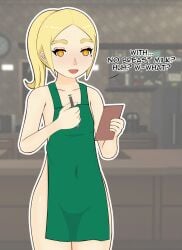 1girls adult blonde_hair female iced_latte_with_breast_milk light-skinned mari_gold mole mole_under_eye naked_apron orange_eyes rong_rong small_breasts starbucks tagme thick_eyebrows