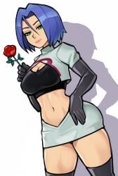 1girls blue_hair breasts cleavage clothed clothing female female_only genderswap gloves green_eyes james_(pokemon) jamie_(pokemon) loodncrood looking_at_viewer navel nintendo nipple_bulge pokemon rule_63 short_hair simple_background smile solo solo_female standing team_rocket thighhighs white_background wide_hips