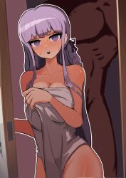 1boy 1girls 2023 answering_door athletic_male blush braid breasts cleavage collarbone danganronpa danganronpa:_trigger_happy_havoc dark-skinned_male dark_skin doorway female hendz henzu-zu human imminent_sex in_doorway interracial kirigiri_kyouko large_breasts light_skin long_hair looking_at_viewer male muscular_male netorare ntr pecs purple_eyes purple_hair ribbon shiny shiny_skin straight_hair thick_thighs towel unseen_male_face upper_body wide_hips