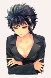 1girls cleavage coat crossed_arms dark_blue_hair dark_hair female female_only fully_clothed genderswap_(mtf) gintama headphones jacket kawakami_bansai kiyokage_d0w0d leather_jacket looking_away medium_breasts rule_63 short_hair solo spiky_hair upper_body very_short_hair yellow_eyes yin_yang