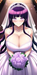 ai_generated blush bouquet bride bursting_breasts church danganronpa danganronpa_2:_goodbye_despair flower_petals holding_bouquet huge_breasts large_breasts n.c.b_ai nai_diffusion necklace purple_eyes purple_hair smile stable_diffusion tsumiki_mikan viewed_from_above wavy_hair wedding wedding_dress wedding_veil