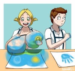 1boy 1girls 2d :d aphrodos bavarian_clothes big_breasts blonde_hair bodypaint breasts_out drawing female light-skinned_female light_skin paint painted_breasts painting pale-skinned_female pale_skin shocked simple_background small_but_busty smile sweat sweating tagme