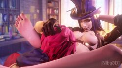 2girls 3d animated artist_logo barefoot blue_eyes blue_hair bottomless bouncing_breasts caitlyn_kiramman clothing couple cunnilingus detailed_background feet female_only functionally_nude hand_on_head hat league_of_legends league_of_legends:_wild_rift lesbian looking_at_partner looking_pleasured loop nibs3d no_sound open_shirt pink_hair soles toes top_hat vi video yuri