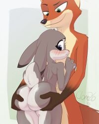 2023 anthro ass big_butt blush blush_lines bubble_butt butt_grab canid canine clone26 disney duo ears_down embarrassed female fox fur grey_body grey_fur hand_on_butt hand_on_chest hi_res judy_hopps lagomorph leporid looking_at_butt looking_at_self male male/female mammal nick_wilde nude orange_body orange_fur pivoted_ears rabbit red_fox size_difference zootopia