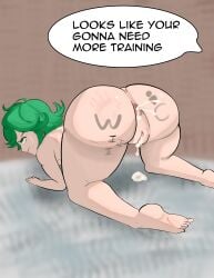 1girls after_sex body_writing cum_in_ass cum_in_pussy english_text female female_only fijin_(artist) green_eyes green_hair mind_control one-punch_man solo tatsumaki text