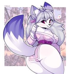 1girls anthro asian_clothing breasts canid canine canis clothing east_asian_clothing female fur genitals hi_res japanese_clothing kimono mammal miikotorii mostly_clothed purple_clothing purple_kimono pussy red_eyes solo white_body white_fur wolf