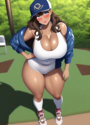 1girls ai_generated bare_shoulders baseball_cap blue_eyes blue_headwear blush breasts brown_hair chair cleavage covered_navel curvy dark-skinned_female dark_skin female grass hand_on_hip hat head_tilt jacket large_ass large_breasts lips long_hair looking_at_viewer novelai original park path pole shadow shoes short_shorts smile sneakers socks solo stable_diffusion tan_skin tank_top thick_thighs thighs voluptuous white_tank_top wide_hips