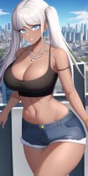 aged_up ai_generated big_breasts blue_eyes breasts city cityscape danganronpa danganronpa_v3 dark-skinned_female dark_skin denim_shorts large_breasts looking_at_viewer midriff n.c.b_ai nai_diffusion necklace short_shorts shorts smile stable_diffusion tank_top tight_clothing twintails yonaga_angie