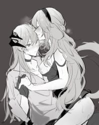 1futa 1girls animal_ears arknights blush breasts breasts_out choker closed_eyes clothed_sex cowgirl_position cum dog_ears dog_girl dog_tail dragon_girl dragon_horns duo earclip erection female floppy_ears futa_on_female futa_with_female futanari gloves greyscale highres holding_hands horns human joshua_(shisanli934) kristen_(arknights) long_hair looking_at_viewer medium_breasts monochrome multiple_girls nipples pants penis saria_(arknights) sex shirt simple_background sitting straddling strap_slip sweat tail upright_straddle