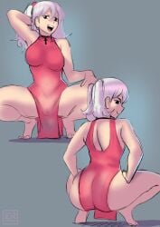 1girls ass barefoot big_ass breasts bubble_butt crouching dat_ass dress fat_ass feet female female_only huge_ass large_ass original pelvic_curtain pink_hair solo squatting tako_(zestysauce) thick_ass thick_thighs wide_hips zestysauce