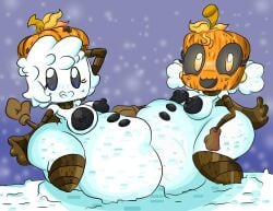 2girls anthro anthrofied belly_bulge belly_button blue_eyes breasts busty digestion fatal_vore gloves huge_belly huge_thighs humanoid hyper_belly implied_digestion jack-o'-lantern medium_breasts minecraft mysticemerald_(artist) nipples nitrobutter orange_eyes pumpkin scarf snow snow_golem stomach_bulge stomach_deformation thick_thighs vore vore_belly white_body