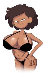 amphibia big_breasts bikini bikini_bottom bikini_top black_bikini black_bra black_panties bra brown_hair dark-skinned_male dark_skin ear_piercing hands_on_hips huge_breasts incogneato large_breasts looking_at_viewer milf mrs._boonchuy navel oum_boonchuy shiny_breasts smile smiling smiling_at_viewer smug smug_face smug_grin straight_hair white_background wide_hips