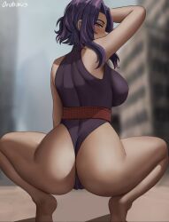 1girls arm_up ass back_view backboob big_ass big_breasts big_butt breasts butt crouching female female_only kaina_tsutsumi lady_nagant large_breasts leotard looking_at_viewer looking_back my_hero_academia oroborusart outdoors outside purple_eyes purple_hair savagexthicc solo solo_female squatting thick thick_ass thick_thighs voluptuous