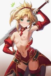 1girls arm_up blonde_hair blush breasts fate/grand_order fate_(series) looking_at_viewer mordred_(fate) nipples red_outfit solo sword tonee weapon