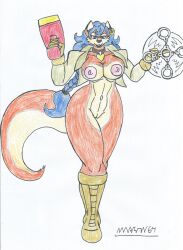 big_breasts big_hips blue_hair boots carmelita_fox female fox_humanoid furry gloves gun handcuffs jacket marlon64 naked_female necklace policewoman sly_cooper_(series) solo_female video_games white_background