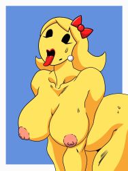 2d bodily_fluids breasts female hi_res ms._pac-man nipples nude pac-man_(series) solo sweat tongue tongue_out unknown_artist yellow-skinned_female yellow_skin