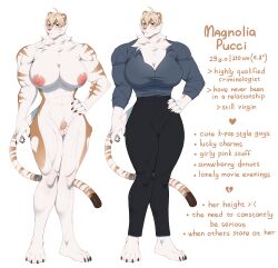 5_fingers absurd_res anthro areola big_breasts biped blonde_hair blush blush_lines breasts claws clothed clothing dipstick_tail english_text felid female fingers genitals hair hi_res magnolia_pucci mammal markings muscular muscular_anthro muscular_female nipples nude pantherine plna pussy solo tail tail_markings text tiger