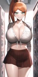 1girls ai_generated arms_behind_back breasts button_down_shirt cleavage confident curvy danganronpa danganronpa_3 female female_only green_eyes hair_ornament hallway high_ponytail huge_breasts indoors large_breasts light-skinned_female light_skin locker long_sleeves looking_at_viewer midriff miniskirt n.c.b_ai nai_diffusion orange_hair ponytail school school_uniform schoolgirl seductive shirt shirt_pocket skirt slutty_outfit smirk solo solo_female stable_diffusion thick_thighs tied_shirt uniform white_shirt yukizome_chisa