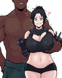 <3 1boy 1girls 2023 absurd_res absurdres apex_legends big_breasts black_hair bra dark-skinned_male dark_skin double_v double_v_sign erection_under_clothes faceless_male female grabbing grabbing_breasts groping groping_breasts hi_res high_resolution highres horu huge_breasts interracial large_breasts light-skinned_female light_skin male midriff muscular muscular_male nervous nervous_smile nipple_bulge peace_sign shirtless_(male) shirtless_male short_hair short_shorts shorts smiling straight tagme thick_thighs topless_male v white_background wraith_(apex_legends)