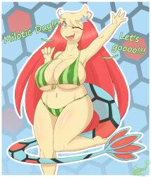 1girls anthro anthrofied big_breasts breasts chubby chubby_female female green_eyes long_hair long_tail mila_(snackbunnii) milotic pokémon_(species) pokemon red_hair snackbunnii solo tail tailfin