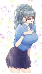 big_breasts class_3-z cowboy_shot female female_only fully_clothed genderswap_(mtf) gintama green_hair headphones kawakami_bansai kiyokage_d0w0d long_hair looking_at_viewer looking_over_eyewear looking_over_glasses looking_over_sunglasses official_alternate_costume pleated_skirt ponytail rule_63 school_uniform schoolgirl sleeves_rolled_up solo sunglasses tinted_eyewear wristband yellow_eyes