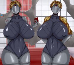 android atomic_heart big_breasts blaxter blonde_hair breasts clothed duo female female_only huge_breasts jacket left_(atomic_heart) machine right_(atomic_heart) robot the_twins_(atomic_heart) twins