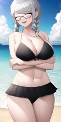 ai_generated beach big_breasts bikini bikini_skirt black_bikini blush closed_eyes crossed_arms danganronpa danganronpa_2:_goodbye_despair glasses large_breasts looking_away n.c.b_ai nai_diffusion pekoyama_peko silver_hair smile stable_diffusion thick_thighs twin_braids voluptuous wholesome