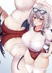 1girls ass bloomers blue_archive braid braided_hair buruma cameltoe clothed from_below fukuda_shuushi gehenna_academy_student grey_hair gym_uniform haruna_(blue_archive) haruna_(gym_uniform)_(blue_archive) official_alternate_costume red_eyes sportswear tagme tail wings