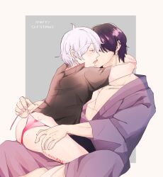 1boy 1girls arms_around_neck breasts_out canon_genderswap female french_kiss gachigachiganen genderswap_(mtf) ginko_sakata gintama gintoki_sakata hand_on_ass hand_on_butt kimono kissing male open_shirt panties pink_penis purple_hair rule_63 short_hair side-tie_panties sideboob sitting_on_lap sitting_on_person takasugi_shinsuke untying untying_panties very_short_hair white_hair