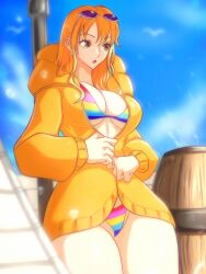 bikini female female_only nami one_piece one_piece_film_z opalisart orange_hair post-timeskip rainbow_bikini sunglasses_on_head