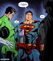 3boys abs batman batman_(series) blue_eyes bruce_wayne bulge bulge_through_clothing cape clark_kent dc dc_comics erection_under_clothes gay green_lantern green_lantern_(series) hal_jordan imminent_sex looking_at_penis male male_only mask pecs penis_shaped_bulge penis_size_difference phausto power_ring shampoo_challenge superhero superhero_costume superman superman_(series) tight_clothing