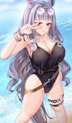 1girls animal_ears big_breasts female female_only fukuda_shuushi gold_ship_(umamusume) horse_ears horse_girl light-skinned_female light_skin pink_eyes silver_hair solo sunglasses sunglasses_on_head swimsuit tagme umamusume v_sign water