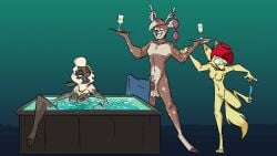 1boy 2girls alcoholic_drink anthro antlers breasts champa deer fluttershythekind hooves hot_tub in_water jewene_the_ewe nude penis pussy removing_panties sheep towel_only