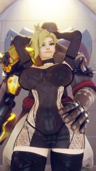 1boy 1girls 3d akande_ogundimu angela_ziegler big_breasts blizzard_entertainment blonde_hair dark-skinned_male dark_skin doomfist interracial looking_at_viewer mechanical_arm mercy mesh_clothing overwatch self_upload slow_(artist) standing wide_hips