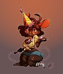 bayett90 big_breasts brown_fur cake fanart female female_only food_on_body furry glasses gwen_martin kneeling mouse mouse_ears mouse_girl mouse_tail short_skirt thick_thighs