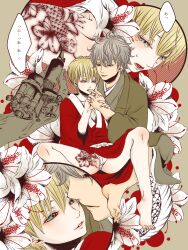 2boys age_difference barefoot bishonen blonde_hair blue_eyes bulge finger_in_another's_mouth finger_in_mouth flowers full_body fundoshi gay gintama gintoki_sakata grey_hair haori japanese_text kawa_(pixiv) kimono male male_only okita_sougo pain pale-skinned_male pale_skin speech_bubble spread_legs tattoo tattoo_gun tattooing tears teen_boy teenager twink yaoi