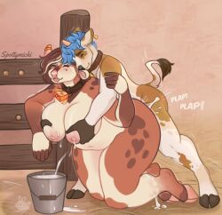 anthro big_breasts bodily_fluids bovid bovine breast_milking breasts cattle cum cum_inside ejaculation female genital_fluids hi_res lactating male male/female mammal nipples size_difference slightly_chubby slightly_chubby_anthro slightly_chubby_female spottymichi