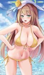 1girls 2022 alternate_breast_size beach big_breasts bikini blonde_hair blue_archive curvy_figure erect_nipples fukuda_shuushi golden_bikini green_eyes highres light-skinned_female light_skin long_hair looking_at_viewer nipple_bulge nonomi_(blue_archive) nonomi_(swimsuit)_(blue_archive) swimsuit tagme thong voluptuous