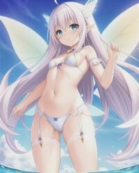 ai_generated artist_request beautiful_background blue_eyes character_request cute fairy fairy_wings female female_only long_hair ocean pointy_ears sensual sky sky_background small_breasts small_female soft_smile solo solo_female solo_focus white_body white_hair white_lingerie white_panties wholesome