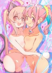 2girls @_@ absurdres ahoge animal_ears breast_press breasts cat_ears cat_tail female female_only highres housou-chan hozuki_kaede large_breasts mixed-language_commentary multicolored_hair multiple_girls navel nipples nude onii-chan_wa_oshimai! oyama_mahiro tail