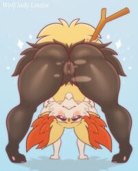 anthro anus areola ass black_body blush braixen breasts female genitals hi_res looking_at_viewer nintendo nipples pokemon pokemon_(species) pussy red_body red_eyes simple_background solo spread_legs spreading wolfladylouise yellow_body