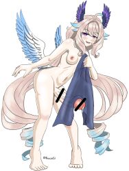 1futa ahoge angel_wings bare_breasts bare_shoulders belly_button big_penis blue_hair blush breasts censor_bar censored censored_penis chimi_kauzatii clothing cream_hair cum_drip enna_alouette erection futa_only futanari hair_wings head_wings hi_res highres human leaning leaning_forward light-skinned_futanari light_skin long_hair medium_breasts navel nijisanji nijisanji_en nude penis precum small_breasts solo solo_futa standing twintails two_tone_hair virtual_youtuber wings