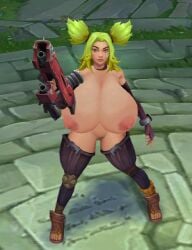 3d alternate_breast_size big_breasts boots boots_only breast_bigger_than_head casual casual_nudity detached_sleeves eyebrows_visible_through_hair eyes_visible_through_hair game_mod green_eyes green_hair gun holding_gun holding_object huge_breasts league_of_legends legwear legwear_only mod naked naked_female ninfrock nude nude_female pink_areola pink_nipples screencap screenshot sleeves weapon zeri_(league_of_legends)