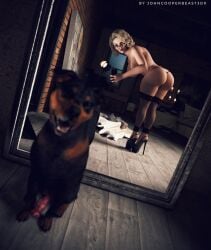 1animal 1boy 1girls 3d 3d_(artwork) animal_genitalia animal_penis big_ass big_breasts big_butt blonde_hair canine curly_hair daz3d daz_studio dog_penis glasses green_eyes high_heels johncooperbeast3dx mirror mirror_selfie original realistic selfie stockings tagme zoophilia